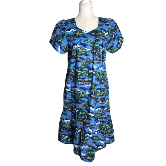 CT Hawaii Fashions Hawaiian Tropical Maxi Dress Size M Blue Short Sleeve Cotton - Picture 1 of 6